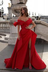 Red Prom Dress A Line Off The Shoulder Formal Dress With Slit