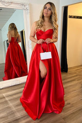 Red Prom Dress A-Line Satin Sweetheart Long Evening Dress With Slit