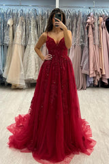 Red Prom Dress A Line Spaghetti Strap V Neck Beaded Sleeveless Tulle Formal Dress With Appliques