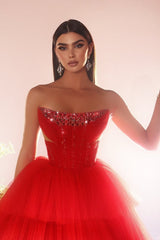 Red Prom Dress A Line Strapless Sequined Sleeveless Floor Length Tulle Formal Dress With Rhinestone