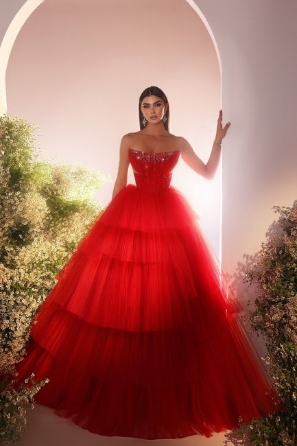 Red Prom Dress A Line Strapless Sequined Sleeveless Floor Length Tulle Formal Dress With Rhinestone