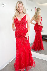 Red Prom Dress Appliqued Mermaid Formal Dress With Slit