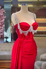 Red Prom Dress Column Sweetheart Spaghetti Strap Sleeveless Panel Train Satin Formal Dress With Tassel