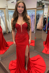 Red Prom Dress Corset Long Evening Dress With Lace
