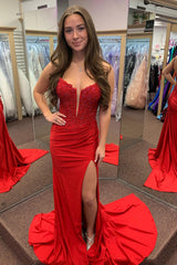 Red Prom Dress Corset Long Evening Dress With Lace