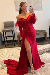 Red Prom Dress Detachable Long Sleeves Long Evening Dress with Feathers