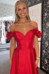 Red Prom Dress Floral A-Line Corset Long Evening Dress With Slit