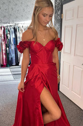 Red Prom Dress Floral A-Line Corset Long Evening Dress With Slit