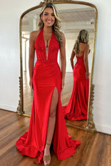 Red Prom Dress Halter Lace Corset Formal Dress With Slit