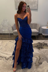 Red Prom Dress Lace Ruffled Formal Dress With Slit