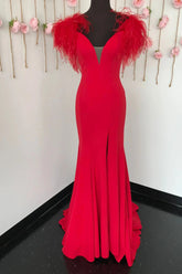 Red Prom Dress Mermaid Long Evening Dress with Feathers