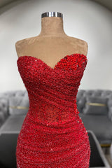 Red Prom Dress Mermaid Sweetheart Sleeveless Sequined Beaded Formal Dress
