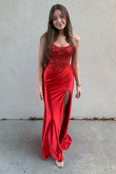 Red Prom Dress Mermiad Corset Long Evening Dress With Slit