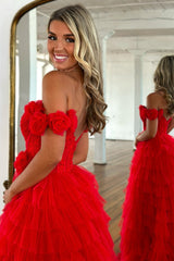 Red Prom Dress Off The Shoulder Appliqued Ruffled Formal Dress With Slit