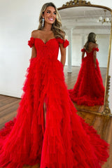 Red Prom Dress Off The Shoulder Appliqued Ruffled Formal Dress With Slit