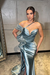 Red Prom Dress One Shoulder Sequined Mermaid Formal Dress With Slit