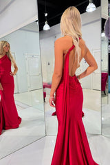 Red Prom Dress One Shoulder Side Cape Mermaid Satin Long Evening Dress