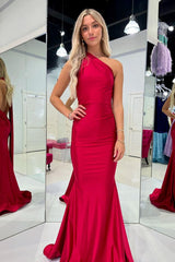 Red Prom Dress One Shoulder Side Cape Mermaid Satin Long Evening Dress