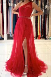 Red Prom Dress One Shoulder Tulle Lace Long Evening Dress