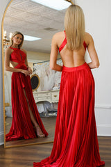 Red Prom Dress Pleated A Line Halter Long Formal Dress With Slit
