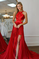Red Prom Dress Pleated A Line Halter Long Formal Dress With Slit