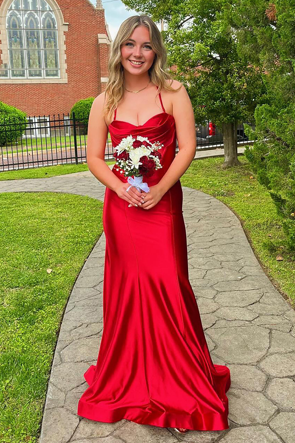 Red Prom Dress Ruche Satin Mermaid Spaghetti Straps Long Evening Dress