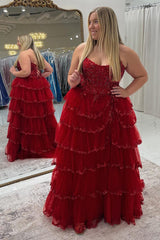 Red Prom Dress Ruffled Corset A Line Long Formal Dress With Lace