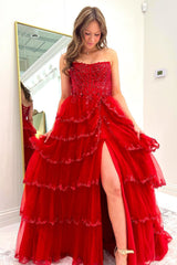 Red Prom Dress Ruffled Corset A Line Long Formal Dress With Lace