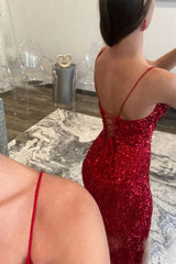 Red Prom Dress Sequined Glitter Evening Dress with Slit