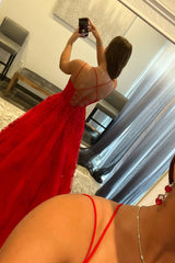Red Prom Dress Spaghetti Straps Long Evening Dress with Appliques