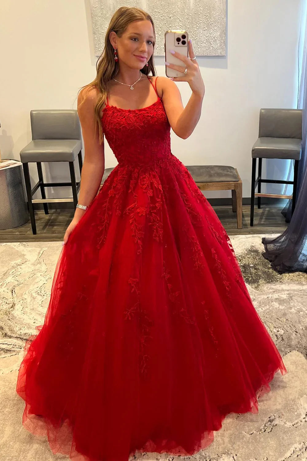 Red Prom Dress Spaghetti Straps Long Evening Dress with Appliques
