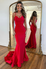 Red Prom Dress Spaghetti Straps Mermaid Satin Backless Long Evening Dress