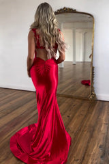 Red Prom Dress Spaghetti Straps Mermaid Satin Long Evening Dress with Slit