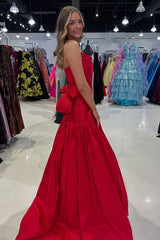 Red Prom Dress Strapless A Line Long Pageant Dress With Bow