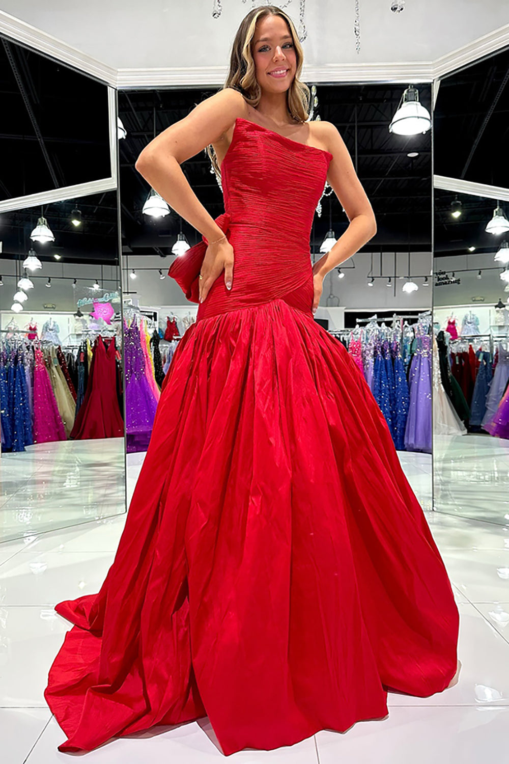 Red Prom Dress Strapless A Line Long Pageant Dress With Bow