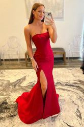 Red Prom Dress Strapless Mermaid Evening Dress With Slit