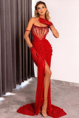 Red Prom Dress Strapless Sequins Beading Split Sweep Train Front Formal Dress With Gloves