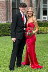 Red Prom Dress Sweetheart Satin Mermaid Side Cape Formal Dress With Slit