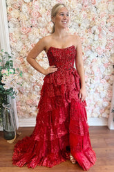 Red Prom Dress Tiered Ruched Sequins Mermaid Long Formal Dress With Slit