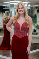 Red Prom Dress V-Neck Beaded Mermaid Velvet Mermaid Formal Dress