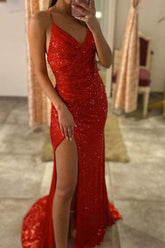 Red Spaghetti Strap Evening Dress with Sequin Split