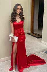 Red Spaghetti Straps Evening Dress with Slit