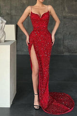 Red Spaghetti Straps Mermaid Evening Dress with Split Sequins