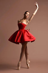 Red Strapless Graduation Dress A Line Satin Short Cocktail Dresses with Bowknot