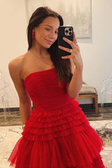 Strapless Prom Dress Tulle Long Tiered Cocktail Dress with Slit
