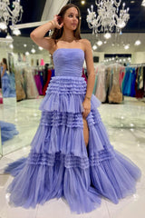 Red Strapless Prom Dress Tulle Long Tiered Evening Dress with Slit