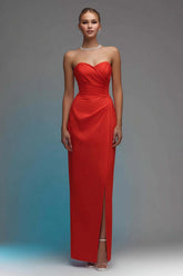 Red Sweetheart Ruched Long Sheath Prom Dress With Slit