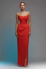 Red Sweetheart Ruched Long Sheath Prom Dress With Slit
