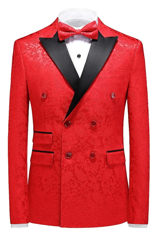 Red Three Piece Double Breasted Jacquard Prom Suit