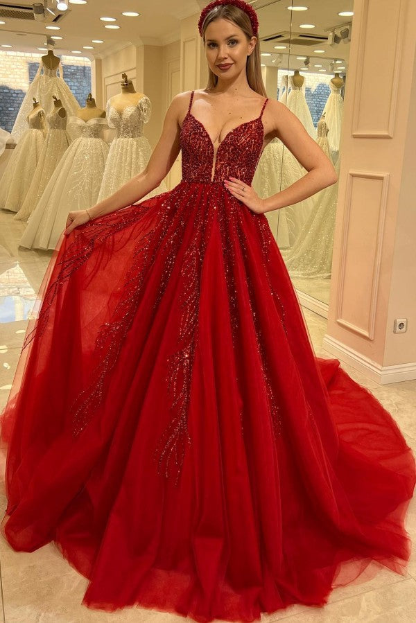 Red Tulle A Line Prom Dress with Sequin Vines and Open Back